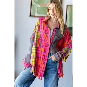 NEW OLI & HALI plaid mixed button down shirt in bright pink